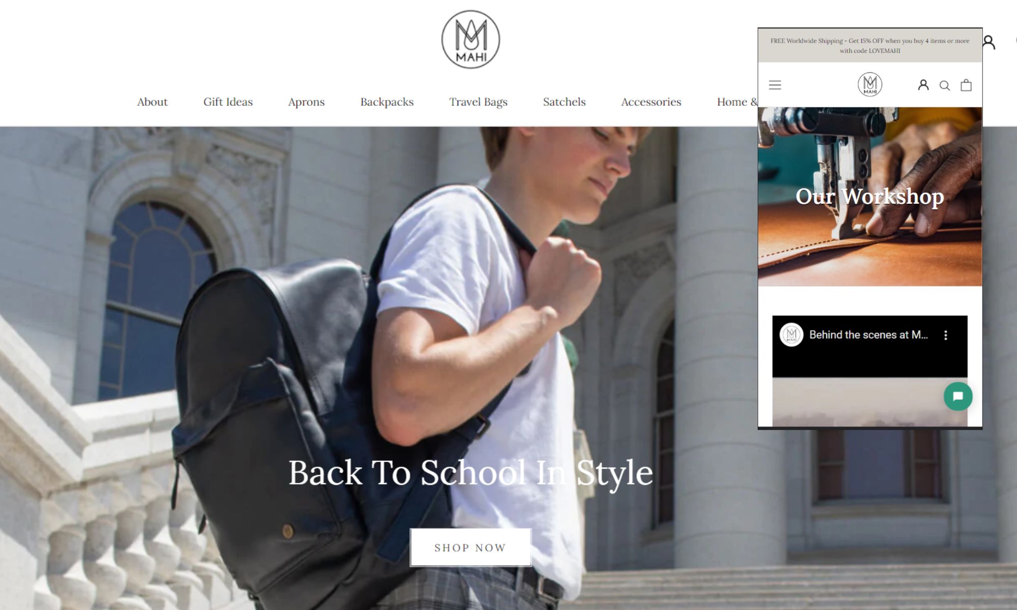 A snap shot of a Shopify Mahi Leather website